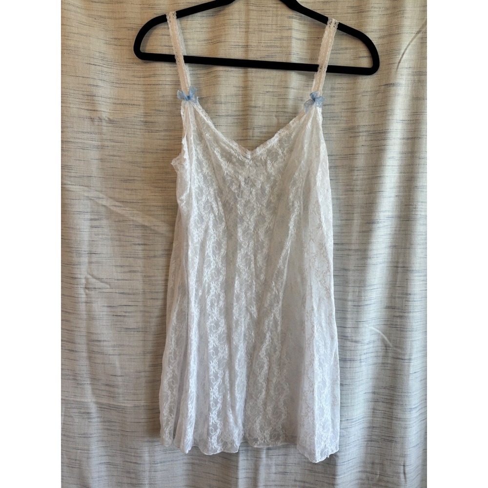 b.tempt'd Wacoal White Floral Lace Chemise Slip Dress Blue Bows Size Large